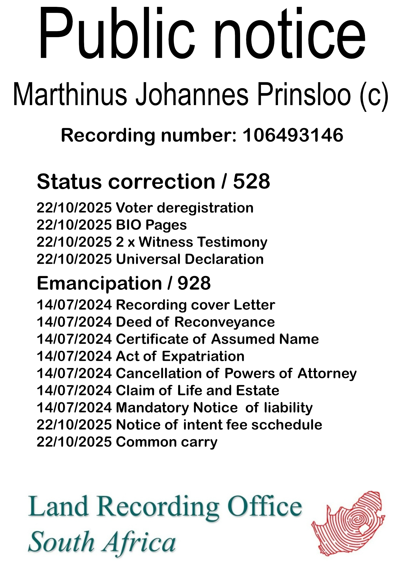 Public notice Marthinus Johannes Prinsloo Recording number 106493146